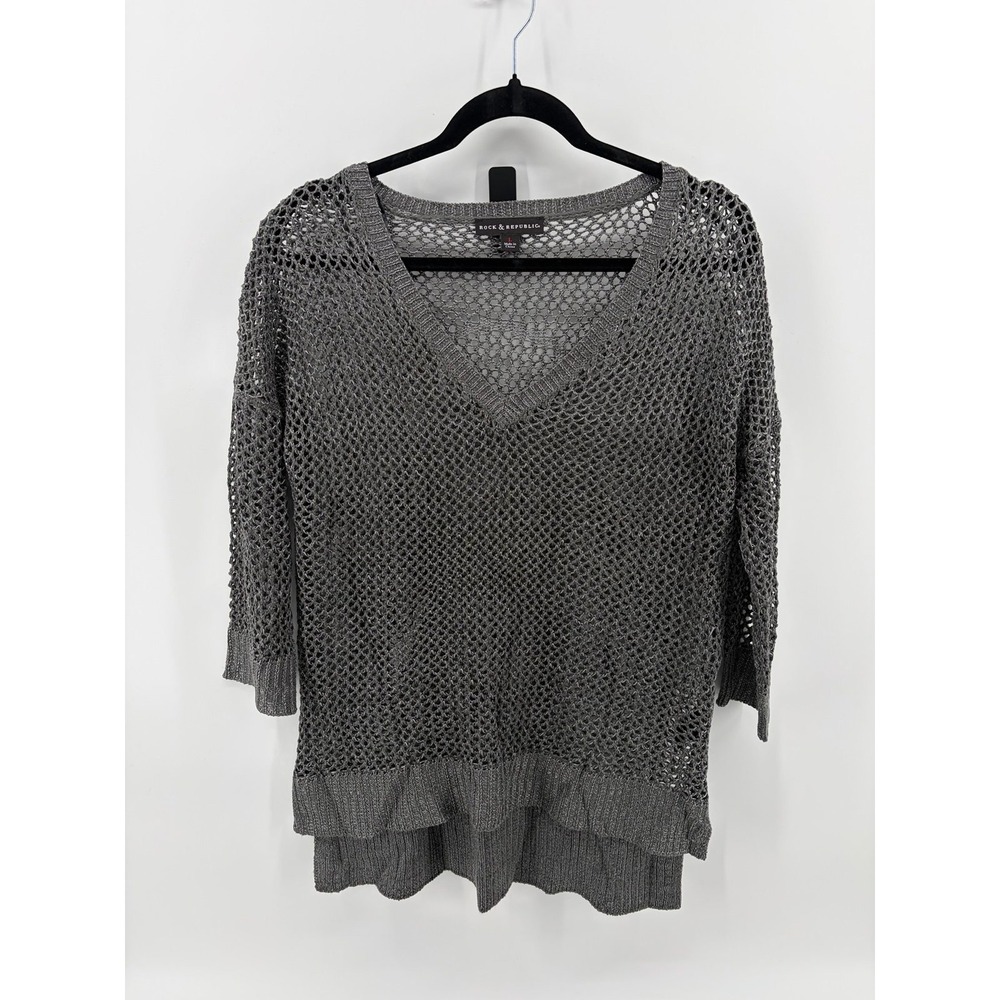 Rock & Republic Skull Open Knit Sweater Y2K, Vintage, Grunge Distressed, Large